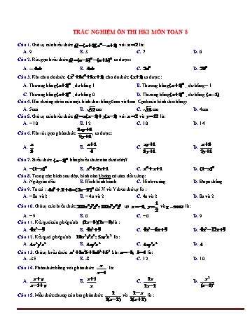 Trắc nghiệm ôn thi học kì I môn Toán học Lớp 8 (Có đáp án)