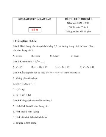 Tuyển tập 10 đề thi cuối học kì I môn Toán học Lớp 8 - Năm học 2021-2022
