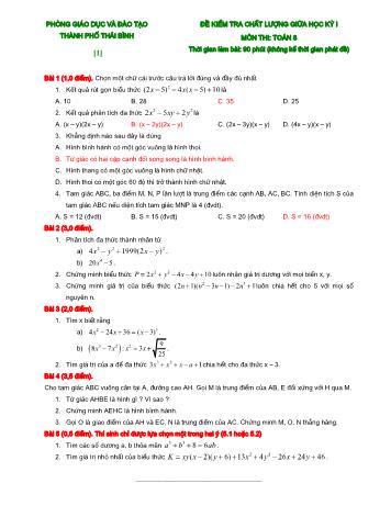 10 Đề kiểm tra chất lượng giữa học kì 1 Toán Lớp 8 - Phòng GD&ĐT Thái Bình