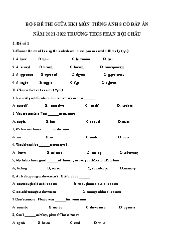 5 Đề thi giữa học kì 1 Tiếng Anh Lớp 8 - Năm học 2021-2022 - Trường THCS Phan Bội Châu (Có đáp án)