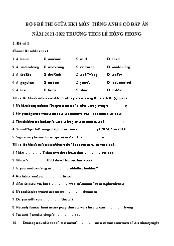 5 Đề thi giữa học kì 1 Tiếng Anh Lớp 8 - Năm học 2021-2022 - Trường THCS Lê Hồng Phong (Có đáp án)
