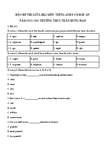 5 Đề thi giữa học kì 1 Tiếng Anh Lớp 8 - Năm học 2021-2022 - Trường THCS Trần Hưng Đạo (Có đáp án)