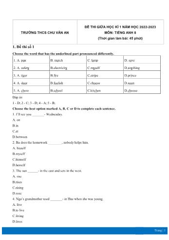 5 Đề thi giữa học kì 1 Tiếng Anh Lớp 8 - Năm học 2022-2023 - Trường THCS Chu Văn An (Có đáp án)
