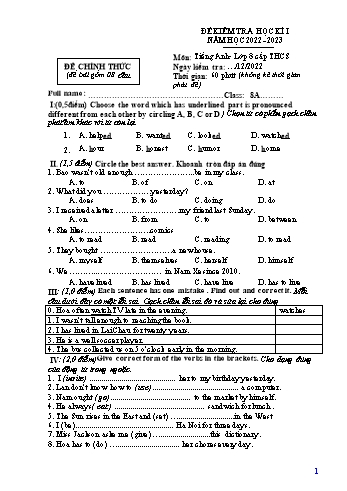 Đề kiểm tra học kì 1 Tiếng Anh Lớp 8 - Năm học 2022-2023 (Có hướng dẫn chấm)