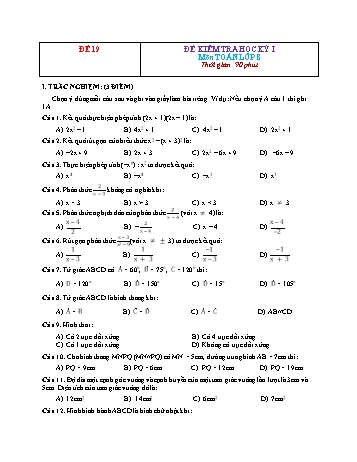 Đề kiểm tra học kì 1 Toán Lớp 8 - Đề 19 (Có đáp án)