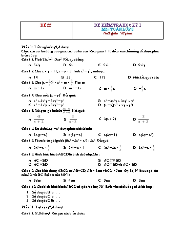 Đề kiểm tra học kì 1 Toán Lớp 8 - Đề 22 (Có đáp án)