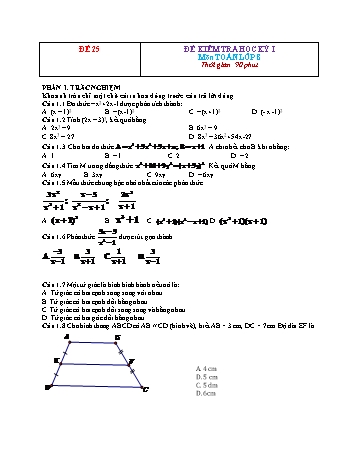 Đề kiểm tra học kì 1 Toán Lớp 8 - Đề 25 (Có đáp án)