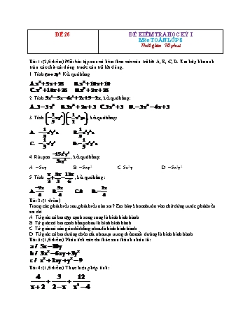 Đề kiểm tra học kì 1 Toán Lớp 8 - Đề 26 (Có đáp án)