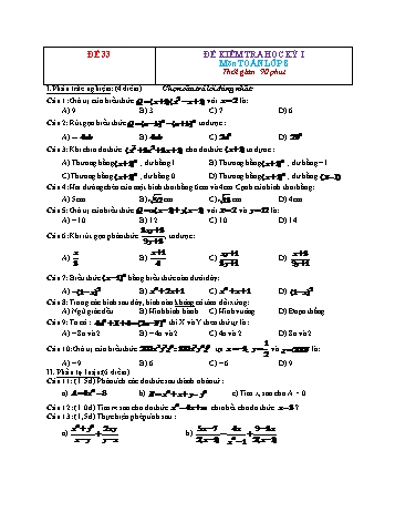 Đề kiểm tra học kì 1 Toán Lớp 8 - Đề 33 (Có đáp án)