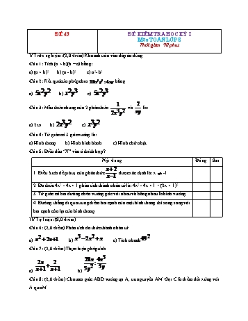 Đề kiểm tra học kì 1 Toán Lớp 8 - Đề 43 (Có đáp án)
