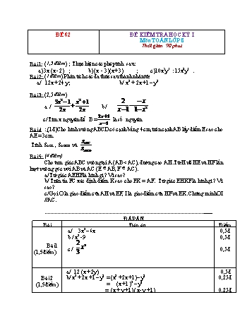 Đề kiểm tra học kì 1 Toán Lớp 8 - Đề 62 (Có đáp án)