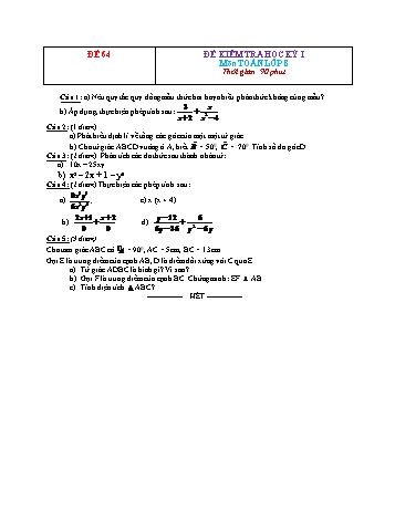 Đề kiểm tra học kì 1 Toán Lớp 8 - Đề 64 (Có đáp án)