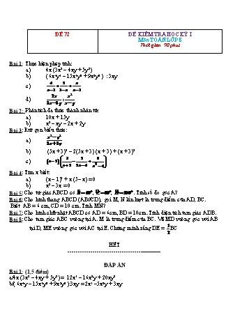 Đề kiểm tra học kì 1 Toán Lớp 8 - Đề 72 (Có đáp án)