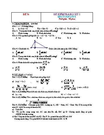 Đề kiểm tra học kì 1 Toán Lớp 8 - Đề 74 (Có đáp án)