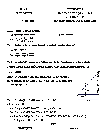 Đề kiểm tra học kì 2 môn Toán Lớp 8 - Năm học 2022-2023 (Có đáp án)