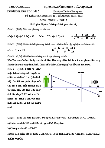 Đề kiểm tra học kì 2 Toán Lớp 8 - Năm học 2022-2023 (Có đáp án)