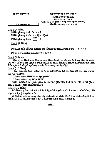 Đề kiểm tra học kì 2 Toán Lớp 8 - Năm học 2022-2023 (Có hướng dẫn chấm)