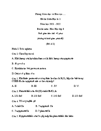 Đề thi giữa học kì 1 Hóa học Lớp 8 - Đề số 1 - Năm học 2021-2022 (Có đáp án)