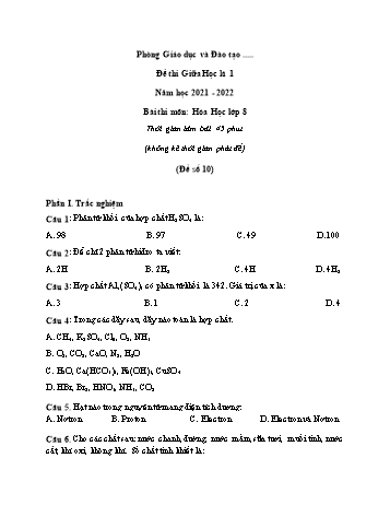 Đề thi giữa học kì 1 Hóa học Lớp 8 - Đề số 10 - Năm học 2021-2022 (Có đáp án)