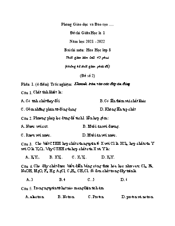 Đề thi giữa học kì 1 Hóa học Lớp 8 - Đề số 2 - Năm học 2021-2022 (Có đáp án)