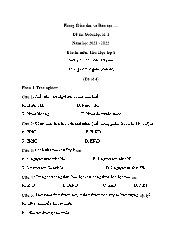 Đề thi giữa học kì 1 Hóa học Lớp 8 - Đề số 4 - Năm học 2021-2022 (Có đáp án)