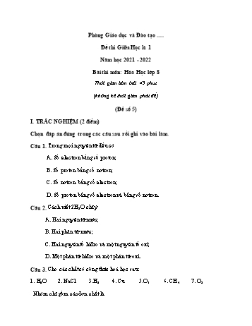 Đề thi giữa học kì 1 Hóa học Lớp 8 - Đề số 5 - Năm học 2021-2022 (Có đáp án)