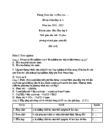 Đề thi giữa học kì 1 Hóa học Lớp 8 - Đề số 6 - Năm học 2021-2022 (Có đáp án)