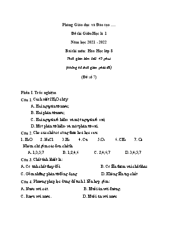 Đề thi giữa học kì 1 Hóa học Lớp 8 - Đề số 7 - Năm học 2021-2022 (Có đáp án)