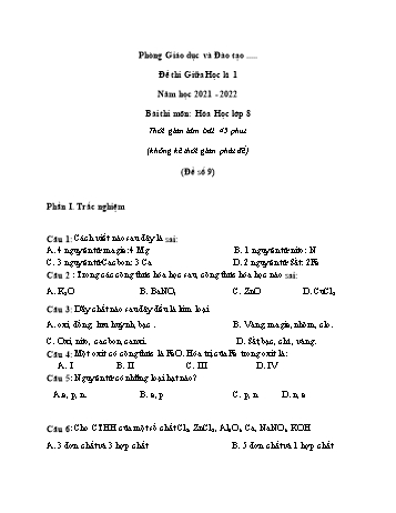 Đề thi giữa học kì 1 Hóa học Lớp 8 - Đề số 9 - Năm học 2021-2022 (Có đáp án)