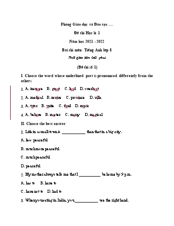 Đề thi học kì 1 Tiếng Anh Lớp 8 - Đề số 1 - Năm học 2021-2022 (Có đáp án và thang điểm)