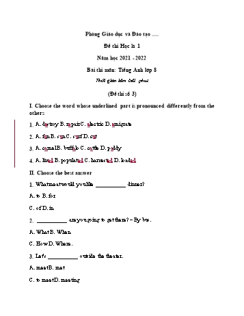 Đề thi học kì 1 Tiếng Anh Lớp 8 - Đề số 3 - Năm học 2021-2022 (Có đáp án và thang điểm)