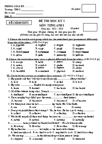 Đề thi học kì 1 Tiếng Anh Lớp 8 - Năm học 2022-2023 (Có đáp án và biểu điểm)