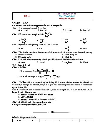 Đề thi học kì 2 Toán Lớp 8 - Đề 13 (Có đáp án)