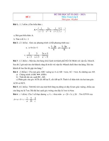 Đề thi học kì 2 Toán Lớp 8 - Đề 2 - Năm học 2022-2023 (Có đáp án)