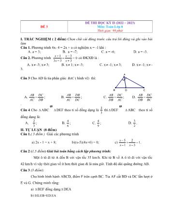 Đề thi học kì 2 Toán Lớp 8 - Đề 3 - Năm học 2022-2023 (Có đáp án)