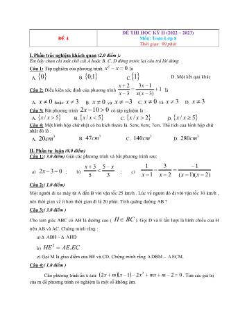 Đề thi học kì 2 Toán Lớp 8 - Đề 4 - Năm học 2022-2023 (Có đáp án)