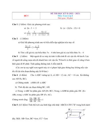 Đề thi học kì 2 Toán Lớp 8 - Đề 5 - Năm học 2022-2023 (Có đáp án)