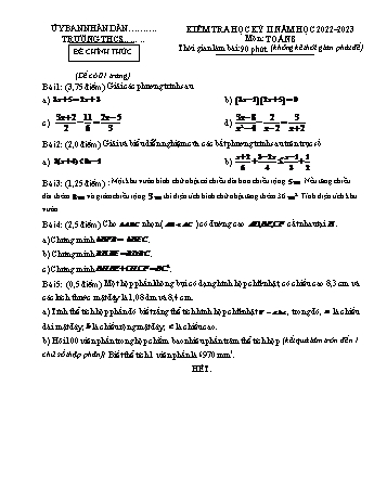 Kiểm tra học kì 2 Toán Lớp 8 - Năm học 2022-2023 (Có hướng dẫn chấm)