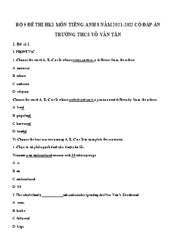 5 Đề thi học kì 1 Tiếng Anh Lớp 8 - Năm học 2021-2022 - Trường THCS Võ Văn Tần (Có đáp án)