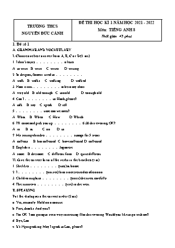 5 Đề thi học kì 1 Tiếng Anh Lớp 8 - Năm học 2021-2022 - Trường THCS Nguyễn Đức Cảnh (Có đáp án)