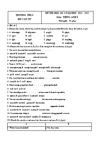 5 Đề thi học kì 1 Tiếng Anh Lớp 8 - Năm học 2021-2022 - Trường THCS Hồ Văn Tứ (Có đáp án)