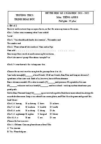 5 Đề thi học kì 1 Tiếng Anh Lớp 8 - Năm học 2021-2022 - Trường THCS Trịnh Hoài Đức (Có đáp án)