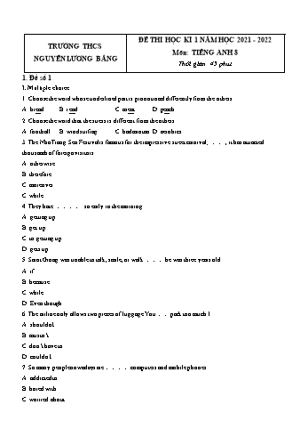 5 Đề thi học kì 1 Tiếng Anh Lớp 8 - Năm học 2021-2022 - Trường THCS Nguyễn Lương Bằng (Có đáp án)