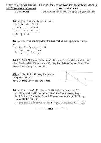Đề kiểm tra cuối học kì 2 Toán Lớp 8 - Năm học 2022-2023 - Trường THCS Đống Đa (Có đáp án)