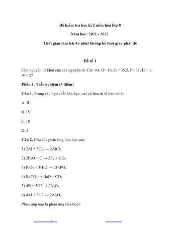 Đề kiểm tra học kì 2 Hóa học Lớp 8 - Đề số 1 - Năm học 2021-2022 (Có đáp án)