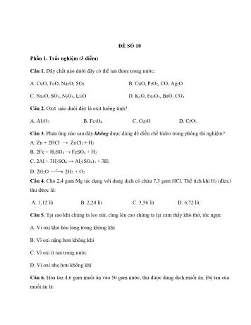 Đề ôn thi học kì 2 Hóa học Lớp 8 - Đề số 10 - Năm học 2022-2023 (Có đáp án)