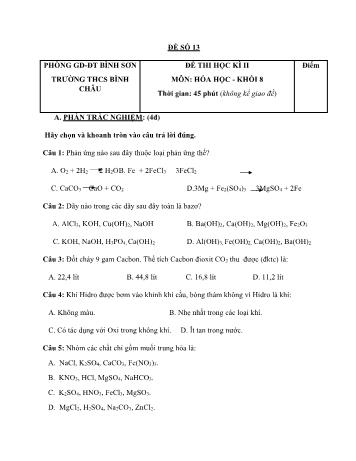 Đề ôn thi học kì 2 Hóa học Lớp 8 - Đề số 13 - Năm học 2022-2023 - Trường THCS Bình Châu (Có đáp án)