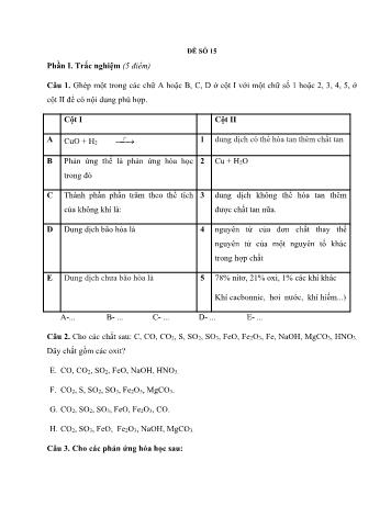 Đề ôn thi học kì 2 Hóa học Lớp 8 - Đề số 15 - Năm học 2022-2023