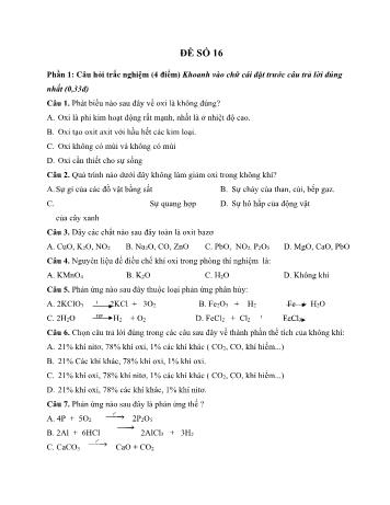 Đề ôn thi học kì 2 Hóa học Lớp 8 - Đề số 16 - Năm học 2022-2023 (Có đáp án)