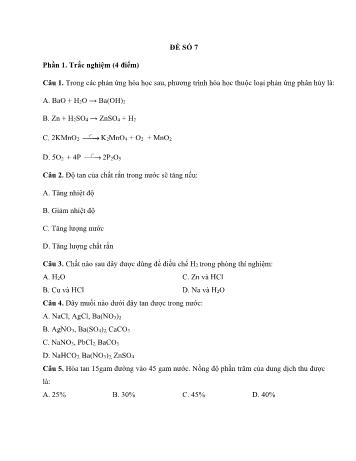 Đề ôn thi học kì 2 Hóa học Lớp 8 - Đề số 7 - Năm học 2022-2023 (Có đáp án)